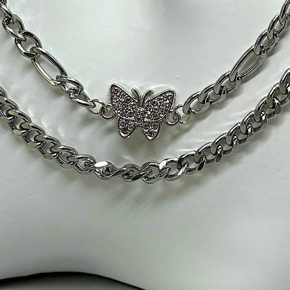 3 Piece Set - Butterfly 🦋 on Silver l Rhinestone adorned l 3 chain Set l New